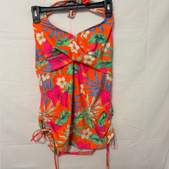 bright orange floral print halter tankini swim top with adjustable side ruching. - Picture 2 of 9